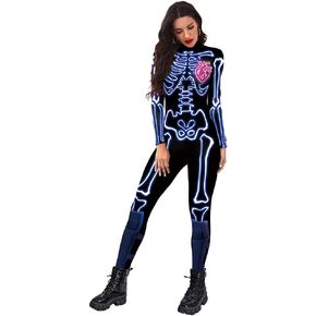 Womens Halloween Party Jumpsuit Costume Slim Fit Cosplay Fancy Party Skeleton Bodysuit with Zipper