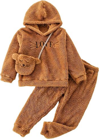 SOLY HUX Girl's Letter Embroidery Teddy Drop Shoulder Hoodie Sweatshirt & Pants Two Piece Outfit with Bag in Saudi Arabia