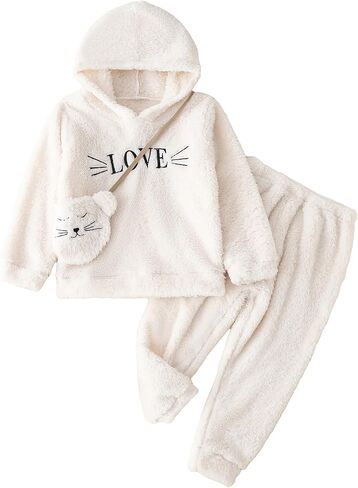 SOLY HUX Girl's Letter Embroidery Teddy Drop Shoulder Hoodie Sweatshirt & Pants Two Piece Outfit with Bag in Saudi Arabia
