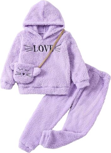 SOLY HUX Girl's Letter Embroidery Teddy Drop Shoulder Hoodie Sweatshirt & Pants Two Piece Outfit with Bag in Saudi Arabia