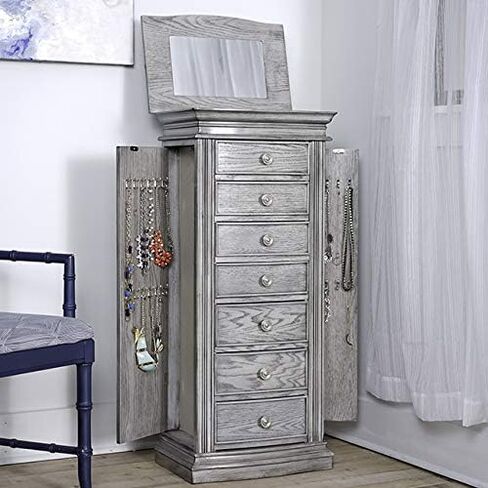 Hives & Honey Lawson Standing Jewelry Armoire Cabinet, Jewelry Storage Organizer with Top Flip Mirror, 2 Side Doors, 7 Drawers, Jewelry Chest, Jewelry Box for Necklace, Earring, Bracelet, Walnut in Saudi Arabia