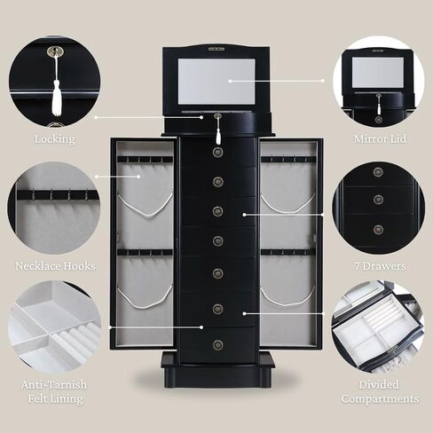 Alveare Home North Jewelry Armoire – Locking Storage Organizer with Seven Spacious Drawers, Black in Saudi Arabia