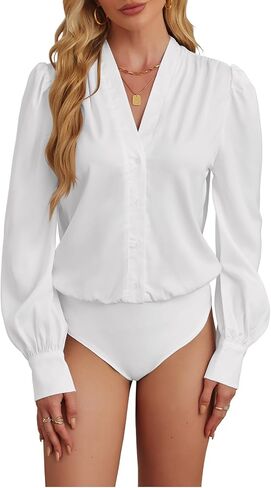 Sexyasasii Blouse Bodysuit for Women V Neck Silk Button Up Bodysuit Office Casual Long Sleeve Body Suits Chiffon Blouses in Saudi Arabia