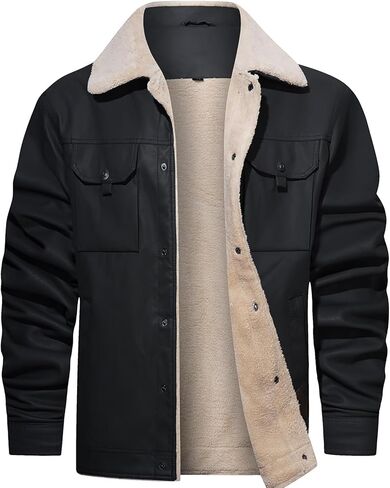 Men's Faux Leather Sherpa Lined Trucker Jacket Collar Winter Warm Coats Multi Pocket in Saudi Arabia