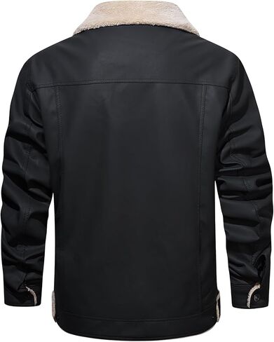 Men's Faux Leather Sherpa Lined Trucker Jacket Collar Winter Warm Coats Multi Pocket in Saudi Arabia