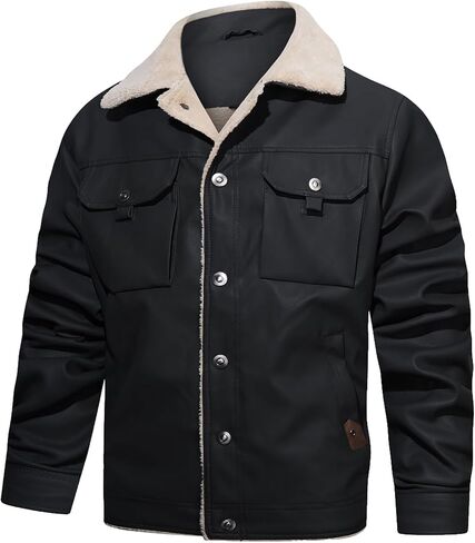 Men's Faux Leather Sherpa Lined Trucker Jacket Collar Winter Warm Coats Multi Pocket in Saudi Arabia