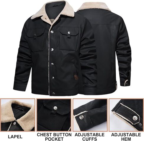 Men's Faux Leather Sherpa Lined Trucker Jacket Collar Winter Warm Coats Multi Pocket in Saudi Arabia