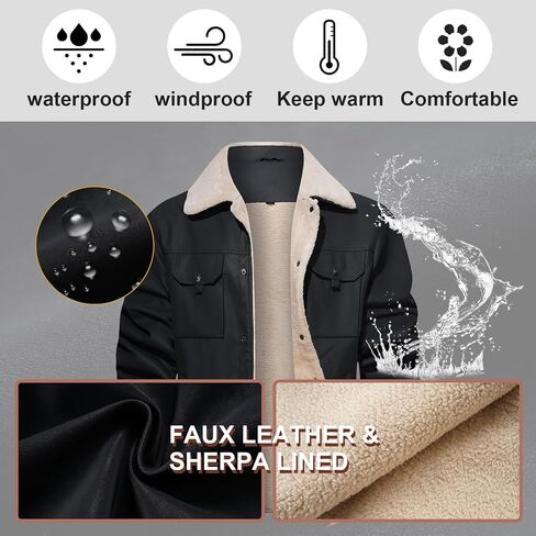 Men's Faux Leather Sherpa Lined Trucker Jacket Collar Winter Warm Coats Multi Pocket in Saudi Arabia