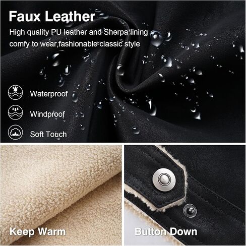 Men's Faux Leather Sherpa Lined Trucker Jacket Collar Winter Warm Coats Multi Pocket in Saudi Arabia