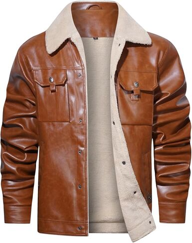 سترة رجالي من الجلد الصناعي مبطنة بصوف الشيربا وياقة شتوية ومعاطف شتوية دافئة متعددة الجيوب in Kuwait