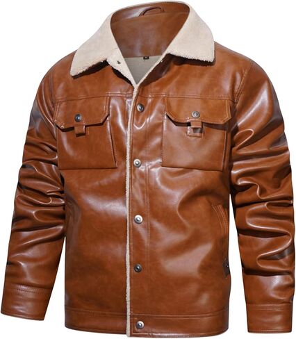 سترة رجالي من الجلد الصناعي مبطنة بصوف الشيربا وياقة شتوية ومعاطف شتوية دافئة متعددة الجيوب in Kuwait