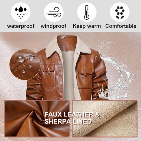 سترة رجالي من الجلد الصناعي مبطنة بصوف الشيربا وياقة شتوية ومعاطف شتوية دافئة متعددة الجيوب in Kuwait