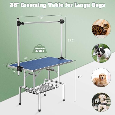 Dog Grooming Table, Adjustable Large Pet Drying Desktop, Foldable Bathing Desk with Arms, Noose, Mesh Tray, Maximum Capacity Up to 330Lb in Kuwait
