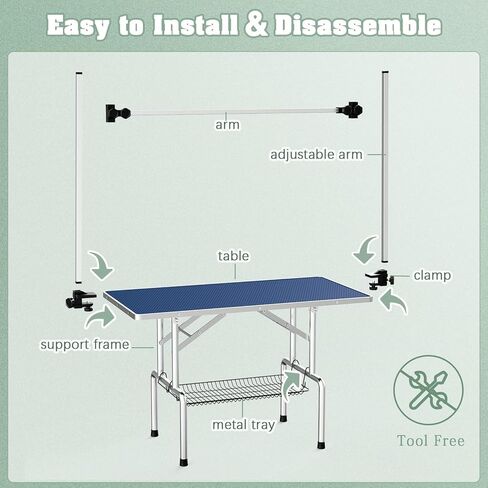 Dog Grooming Table, Adjustable Large Pet Drying Desktop, Foldable Bathing Desk with Arms, Noose, Mesh Tray, Maximum Capacity Up to 330Lb in Kuwait