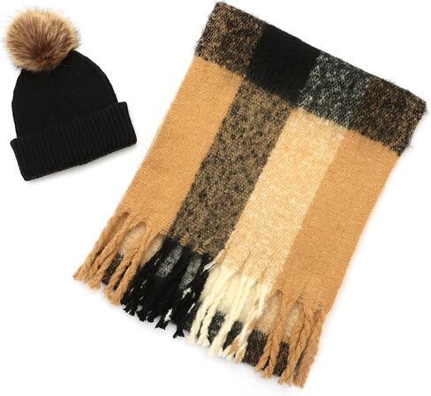 Lucky Brand womens Woven Check Scarf and Pom Hat Set- Boxed in Saudi Arabia