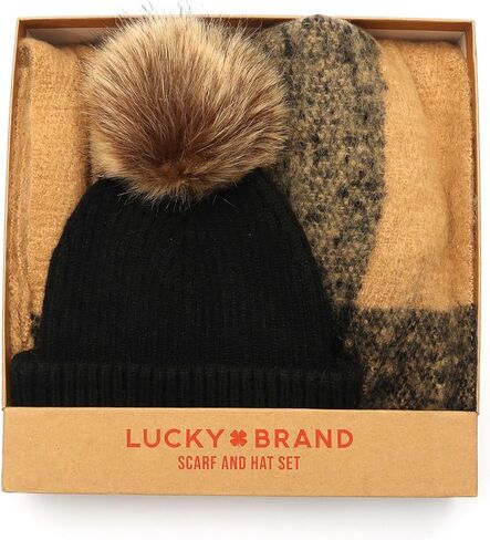 Lucky Brand womens Woven Check Scarf and Pom Hat Set- Boxed in Saudi Arabia