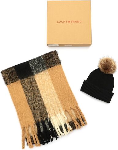 Lucky Brand womens Woven Check Scarf and Pom Hat Set- Boxed in Saudi Arabia