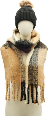Lucky Brand womens Woven Check Scarf and Pom Hat Set- Boxed in Saudi Arabia