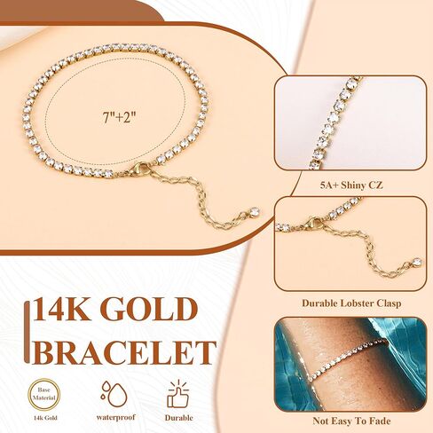 Dainty Gold Bracelets for Women - Trendy 14K Gold Bracelet Stack Set Non Tarnish Gold Beaded Bracelets 5PCS Stackable Waterproof Jewelry for Women Gold Adjustable Cuff/Tennis/Beaded/Paperclip/Cuban Link Chain Bracelet With 2" Extension in Kuwait