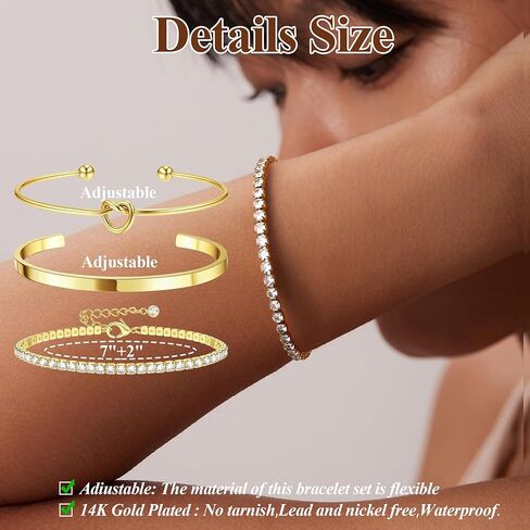 Dainty Gold Bracelets for Women - Trendy 14K Gold Bracelet Stack Set Non Tarnish Gold Beaded Bracelets 5PCS Stackable Waterproof Jewelry for Women Gold Adjustable Cuff/Tennis/Beaded/Paperclip/Cuban Link Chain Bracelet With 2" Extension in Kuwait