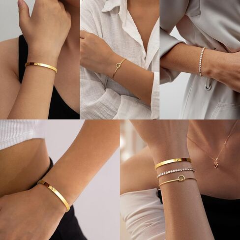 Dainty Gold Bracelets for Women - Trendy 14K Gold Bracelet Stack Set Non Tarnish Gold Beaded Bracelets 5PCS Stackable Waterproof Jewelry for Women Gold Adjustable Cuff/Tennis/Beaded/Paperclip/Cuban Link Chain Bracelet With 2" Extension in Kuwait