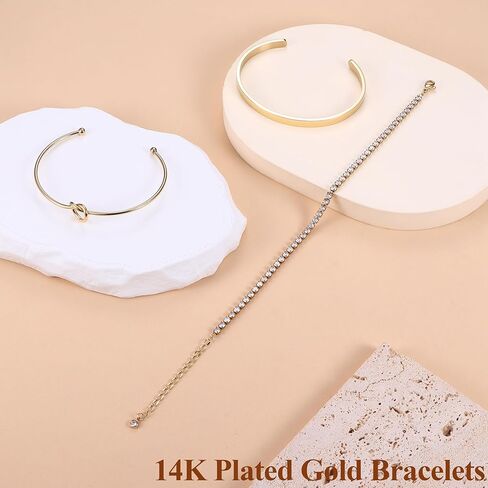 Dainty Gold Bracelets for Women - Trendy 14K Gold Bracelet Stack Set Non Tarnish Gold Beaded Bracelets 5PCS Stackable Waterproof Jewelry for Women Gold Adjustable Cuff/Tennis/Beaded/Paperclip/Cuban Link Chain Bracelet With 2" Extension in Kuwait