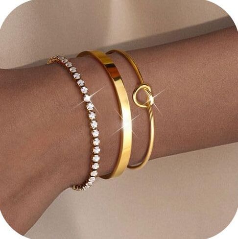 Dainty Gold Bracelets for Women - Trendy 14K Gold Bracelet Stack Set Non Tarnish Gold Beaded Bracelets 5PCS Stackable Waterproof Jewelry for Women Gold Adjustable Cuff/Tennis/Beaded/Paperclip/Cuban Link Chain Bracelet With 2" Extension in Kuwait
