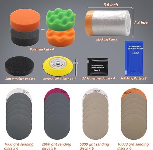 VIBRATITE Car Headlight Restoration Kit, Headlight Lens Cleaner and Restorer Kit, 3 Inch Car Polishing Sanding Kit with 1/4 Inch Shank Backing Pad, Drill Buffing Sponge Pads, Soft Interface Pad, 37PCS in Saudi Arabia