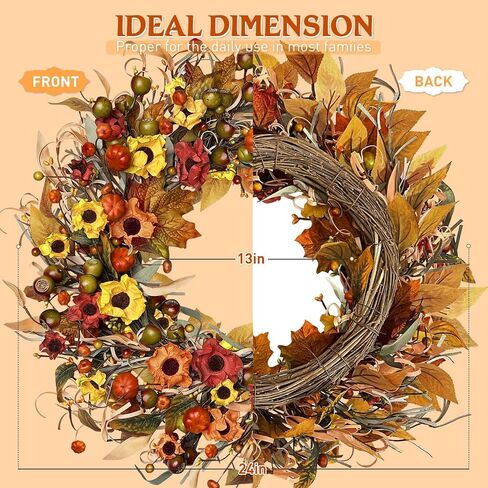 24 inch Fall Wreath for Front Door with Lights, Harvest Wreath with Sunflower, Pumpkin,berryand Pinecone,Farmhouse Fall Wreath for Thanksgiving Halloween and Christmas Indoor Outdoor in Kuwait