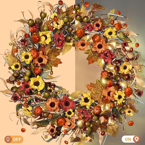 24 inch Fall Wreath for Front Door with Lights, Harvest Wreath with Sunflower, Pumpkin,berryand Pinecone,Farmhouse Fall Wreath for Thanksgiving Halloween and Christmas Indoor Outdoor in Kuwait