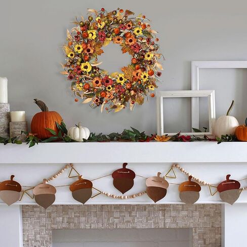 24 inch Fall Wreath for Front Door with Lights, Harvest Wreath with Sunflower, Pumpkin,berryand Pinecone,Farmhouse Fall Wreath for Thanksgiving Halloween and Christmas Indoor Outdoor in Kuwait