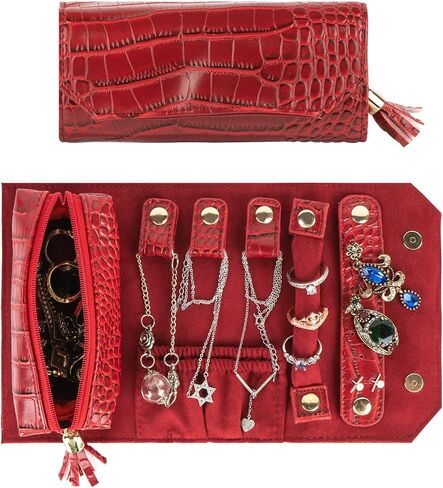 صندوق مجوهرات السفر، منظم حقيبة المجوهرات من الجلد الصناعي، حقيبة تخزين مجوهرات للسفر للخواتم والأقراط والقلائد هدية للفتيات والنساء هدية عيد الحب (أحمر) in Kuwait
