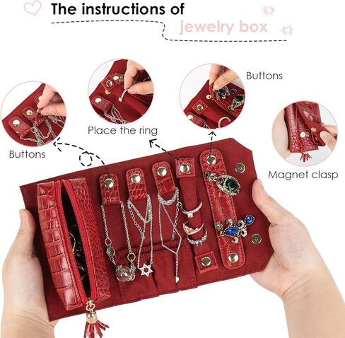 صندوق مجوهرات السفر، منظم حقيبة المجوهرات من الجلد الصناعي، حقيبة تخزين مجوهرات للسفر للخواتم والأقراط والقلائد هدية للفتيات والنساء هدية عيد الحب (أحمر) in Kuwait