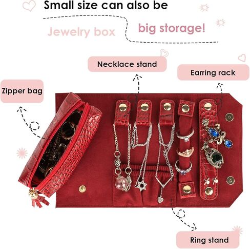 صندوق مجوهرات السفر، منظم حقيبة المجوهرات من الجلد الصناعي، حقيبة تخزين مجوهرات للسفر للخواتم والأقراط والقلائد هدية للفتيات والنساء هدية عيد الحب (أحمر) in Kuwait