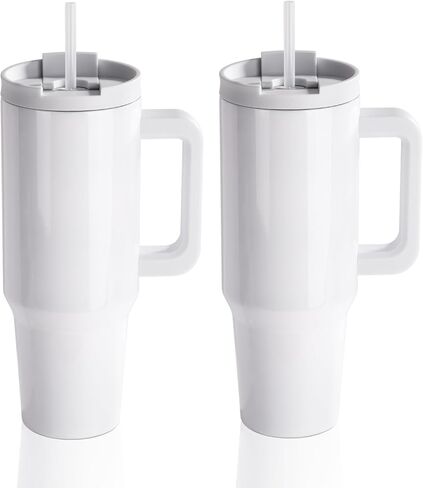 PYD Life 8 عبوات من أكواب التسامي سعة 40 أونصة مع فراغات بمقبض وأكواب سفر للقهوة البيضاء السائبة مع غطاء وقش مقاوم للصدأ لطباعة فرن التسامي بالضغط الحراري على الأكواب in Kuwait