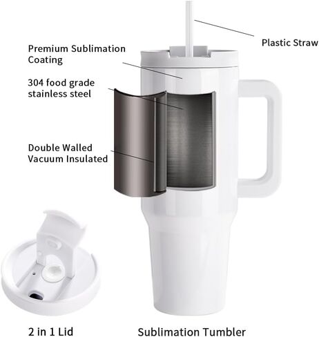 PYD Life 8 عبوات من أكواب التسامي سعة 40 أونصة مع فراغات بمقبض وأكواب سفر للقهوة البيضاء السائبة مع غطاء وقش مقاوم للصدأ لطباعة فرن التسامي بالضغط الحراري على الأكواب in Kuwait