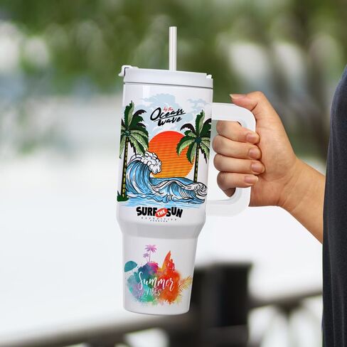 PYD Life 8 عبوات من أكواب التسامي سعة 40 أونصة مع فراغات بمقبض وأكواب سفر للقهوة البيضاء السائبة مع غطاء وقش مقاوم للصدأ لطباعة فرن التسامي بالضغط الحراري على الأكواب in Kuwait