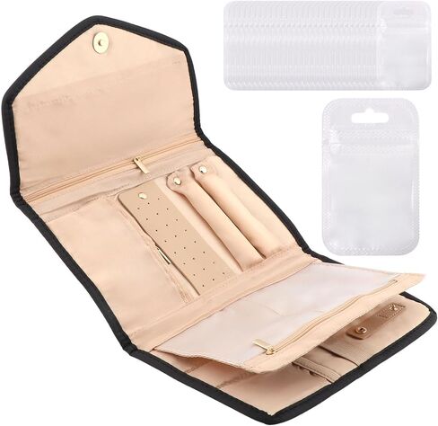 بكرة تنظيم المجوهرات للسفر مع مقصورات وجيوب متعددة، بكرة تخزين مجوهرات قابلة للطي للأقراط والقلائد والخواتم والأساور ودبابيس الزينة in Kuwait