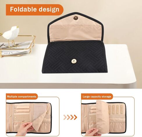 بكرة تنظيم المجوهرات للسفر مع مقصورات وجيوب متعددة، بكرة تخزين مجوهرات قابلة للطي للأقراط والقلائد والخواتم والأساور ودبابيس الزينة in Kuwait