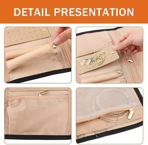 بكرة تنظيم المجوهرات للسفر مع مقصورات وجيوب متعددة، بكرة تخزين مجوهرات قابلة للطي للأقراط والقلائد والخواتم والأساور ودبابيس الزينة in Kuwait