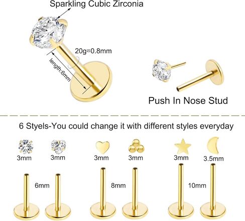 Gold Nose Stud for Women,Hypoallergenic Surgical Steel Tragus Helix Cartilage Conch Earrings for Multiple Piercing,20G Flat Back Threadless Nose Stud Rings, Titanium Ball CZ Lip Labret Nose Stud in Saudi Arabia