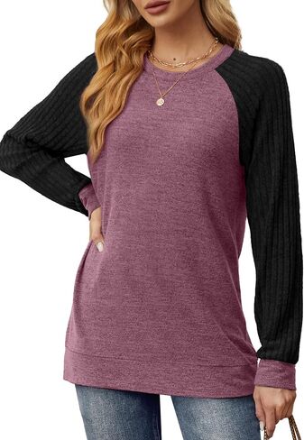 Saloogoe Tunic Sweatshirts for Women Crewneck Lightweight Sweaters Raglan Long Sleeve Shirts Fall Fashion Tops 2024 in Saudi Arabia