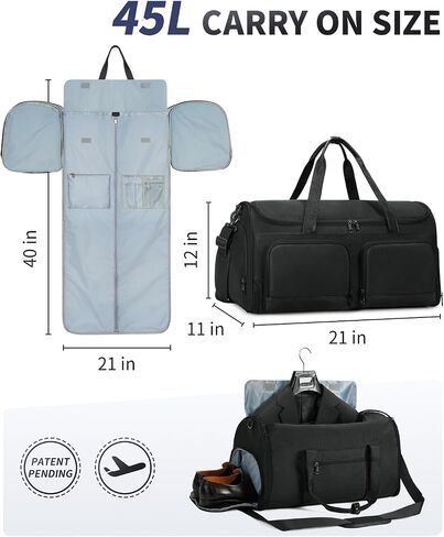 WANDF Convertible Garment Bag for Travel, Carry On Garment Duffle Bag with Wet Pocket & Toiletry Bag, 2 in 1 Hanging Suitcase, Suit Travel Bag, Weekender Bag for Men Women(Pure Black) in Saudi Arabia