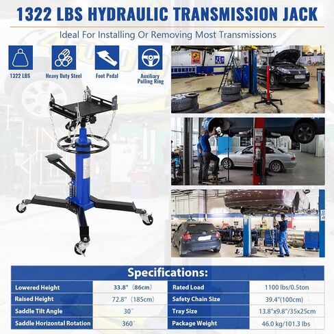 1322lbs Transmission Jack Lift with Anti-Slip Rubber Pad, 2 Stage Adjustable Telescoping Hydraulic Transmission Jack, High Lift Dual Telescopic Jacks Hoist, 33.8" to 72.8" Lifting Range in Saudi Arabia