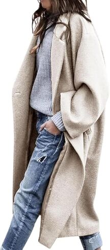 Women's Winter Pea Coat Notch Lapel Single Breasted Oversized Long Casual Wool Blend Overcoat in Kuwait