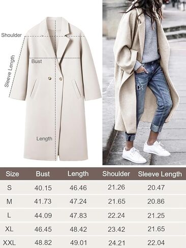Women's Winter Pea Coat Notch Lapel Single Breasted Oversized Long Casual Wool Blend Overcoat in Kuwait