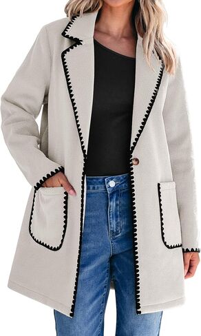 luvamia Pea Coats for Women Trendy Embroidered Contrast Trim Long Peacoat Jackets Lapel Button Winter Coat with Pockets in Kuwait