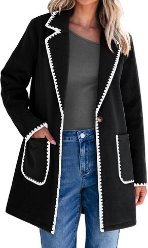 luvamia Pea Coats for Women Trendy Embroidered Contrast Trim Long Peacoat Jackets Lapel Button Winter Coat with Pockets in Kuwait