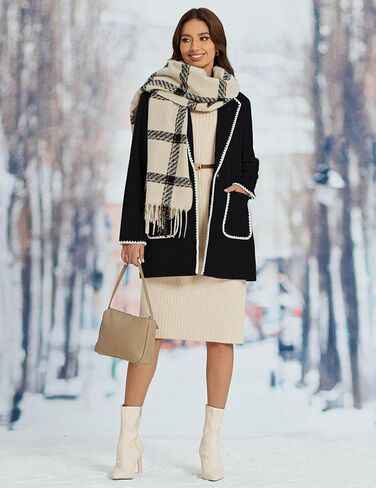 luvamia Pea Coats for Women Trendy Embroidered Contrast Trim Long Peacoat Jackets Lapel Button Winter Coat with Pockets in Kuwait