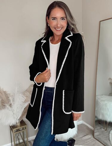 luvamia Pea Coats for Women Trendy Embroidered Contrast Trim Long Peacoat Jackets Lapel Button Winter Coat with Pockets in Kuwait